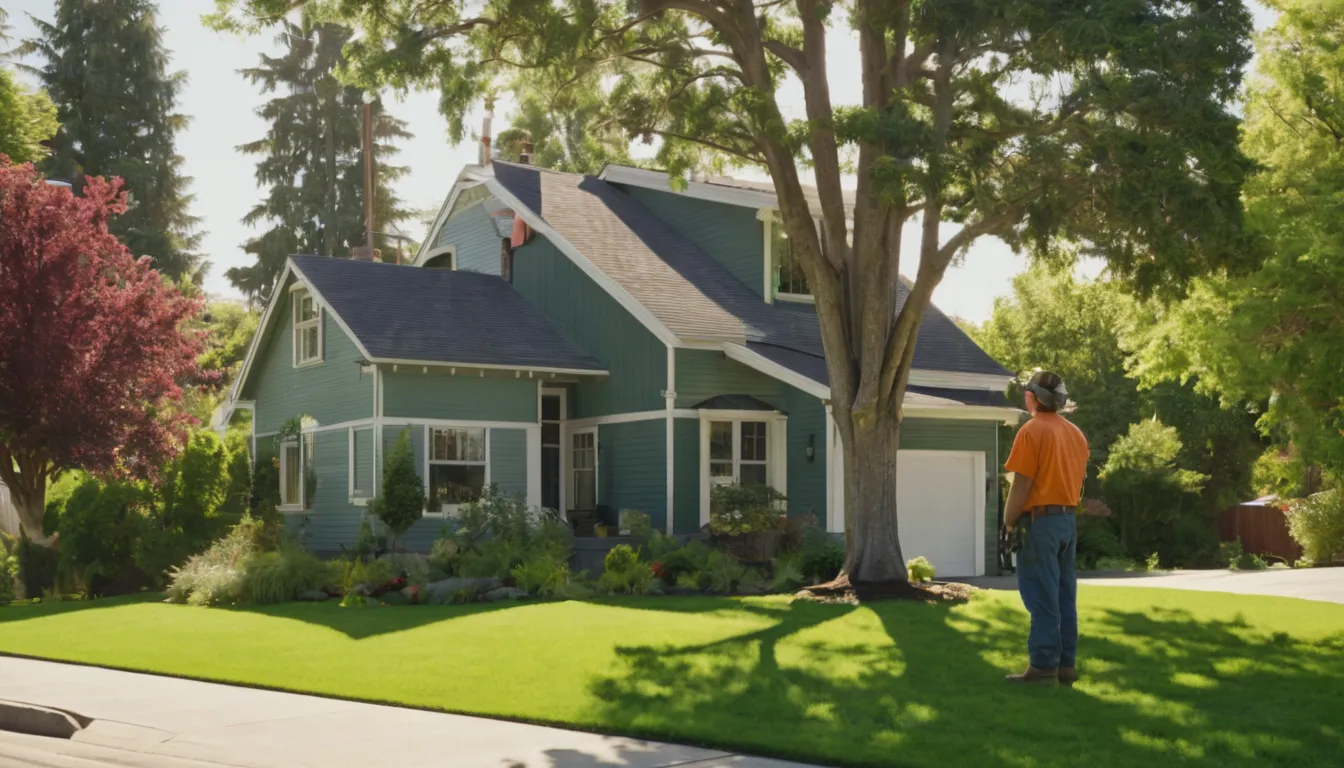A homeowner and a tree provider looking up at a tall tree beside a house in Brunswick